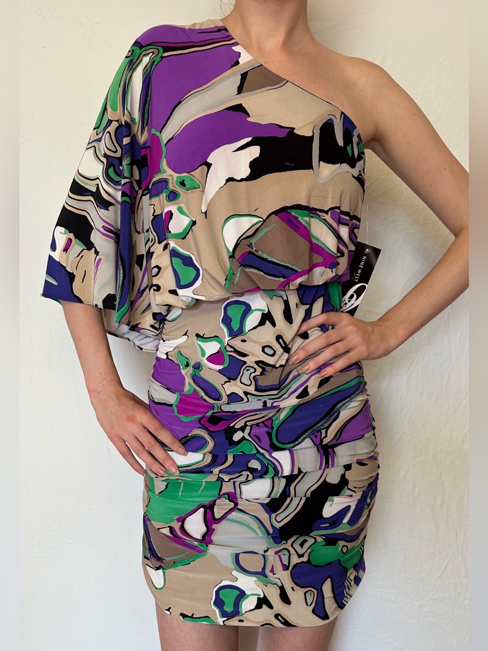 Nine West One-Shoulder Abstract Print Mini Dress in Purple, Green and Beige